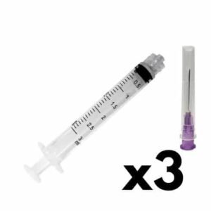 Kit 3 Seringas Luer Lock 3ml + Agulha Hipodérmica 20mm X 0,55mm 24g (Roxa)